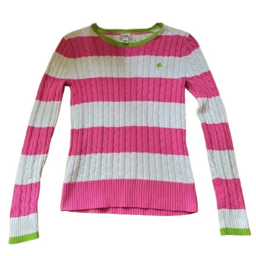 Lilly Pulitzer preppy pastels pink white striped cable knit 100% cotton sweater - Picture 2 of 13